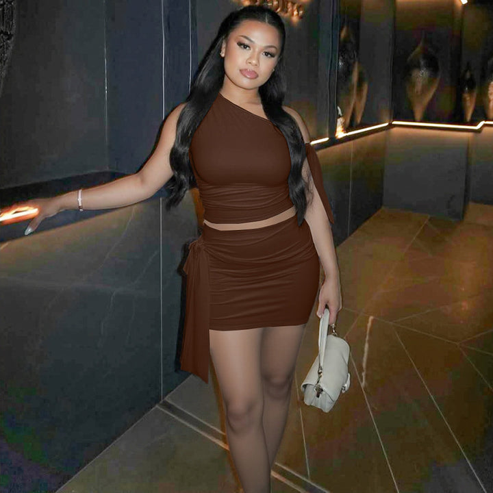Brown One-Off Shoulder Top With Mini Skirt Co-Ord Set