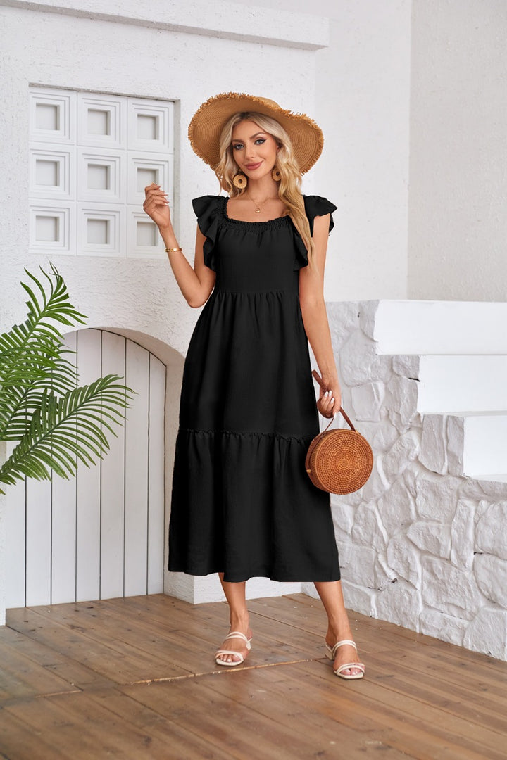 Black Solid Flutter Sleeved Empire Waist Smocked Dress