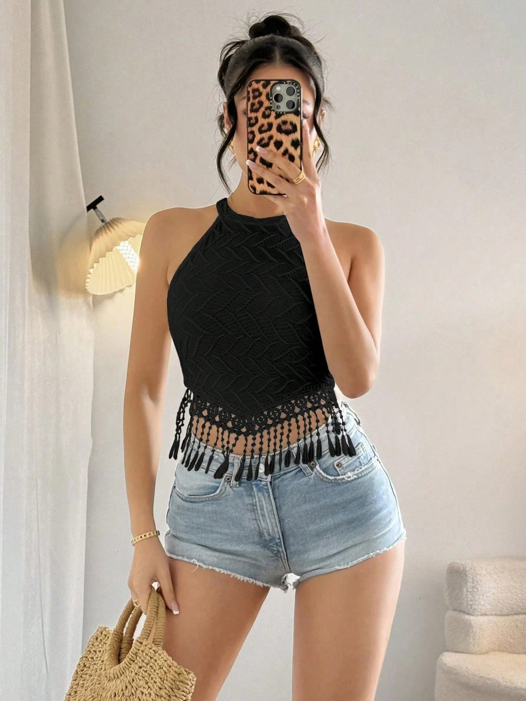 Black Textured Knit  Tassel Hanging Top