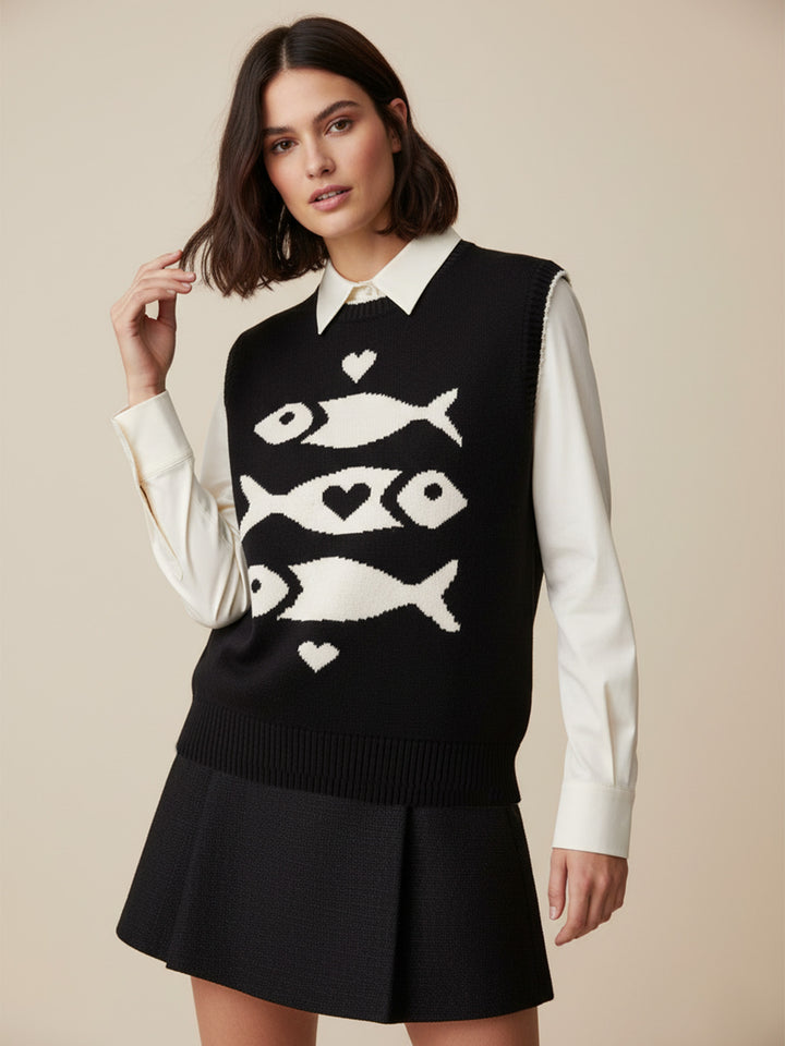 Black Sleeveless Contrast Rib Sweater