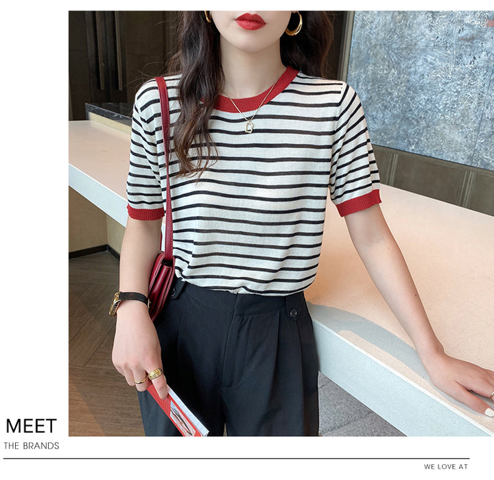 Black Contrast Hem Striped Top
