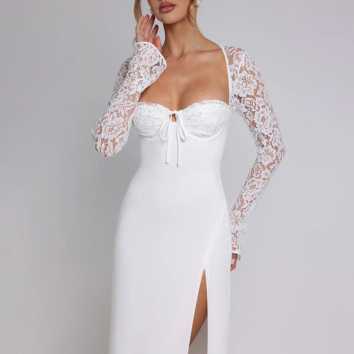 White Lace Sleeve Off Shoulder Gown