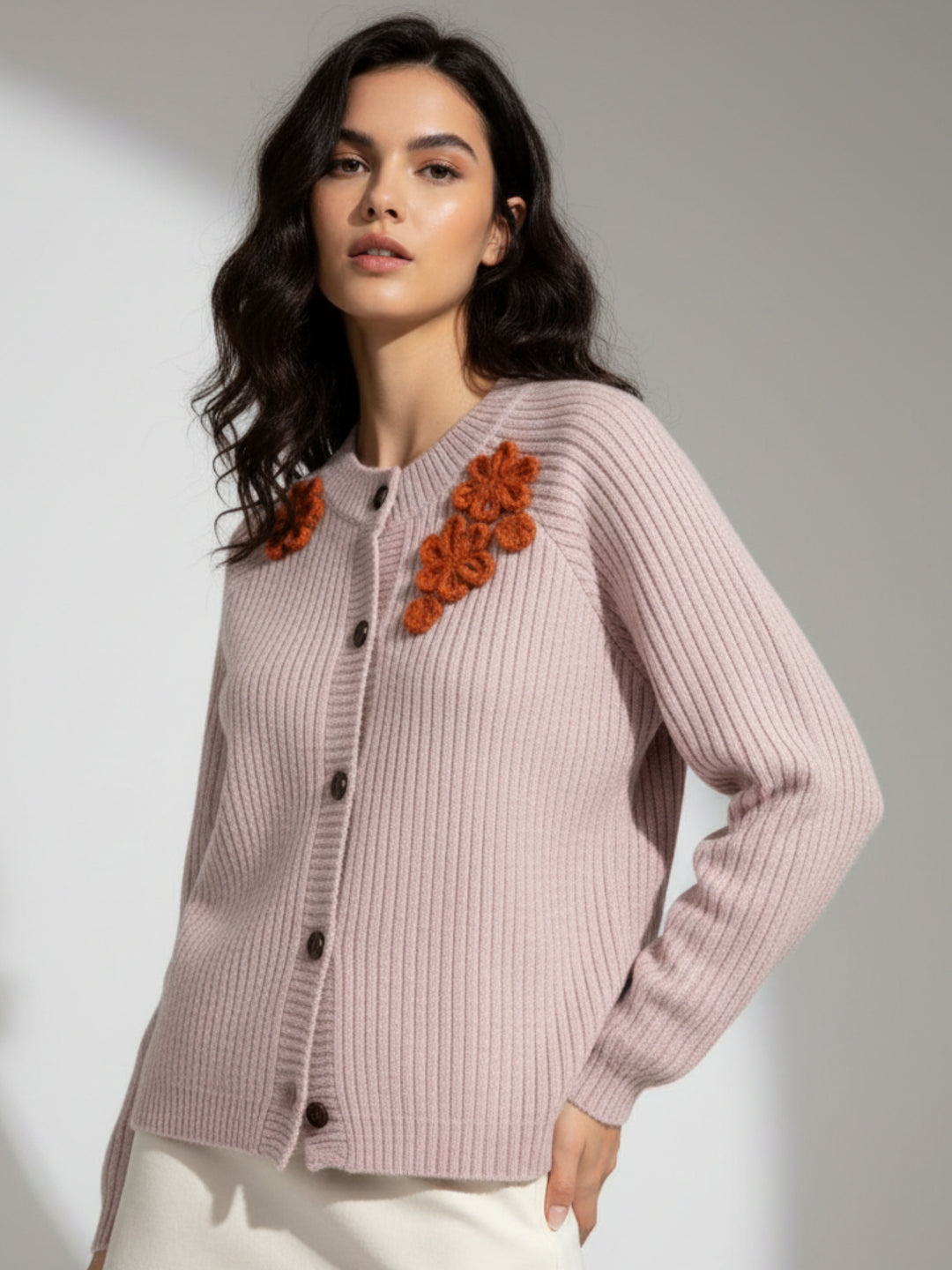 Nude Full Sleeve Front Buttoned Floral Embroidered Cardigan