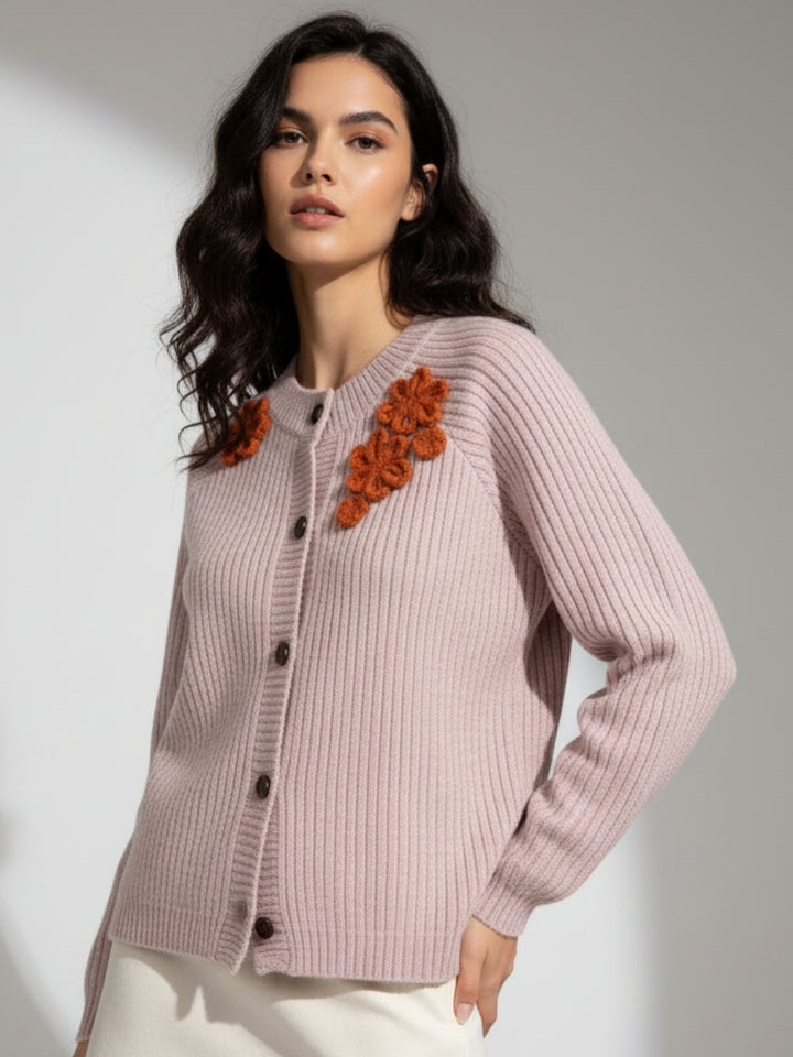 Nude Full Sleeve Front Buttoned Floral Embroidered Cardigan