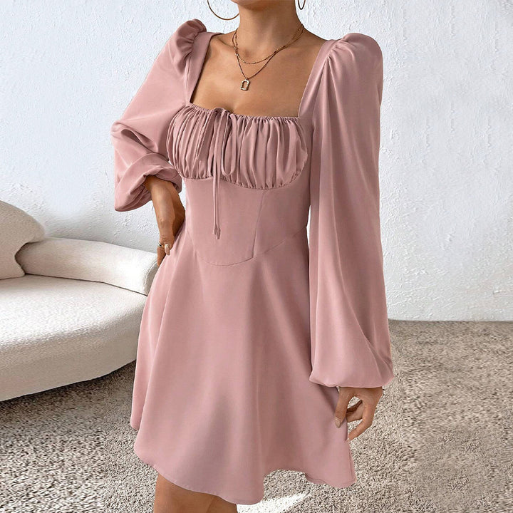 Pink Square Neck Centre Tie Up Dress