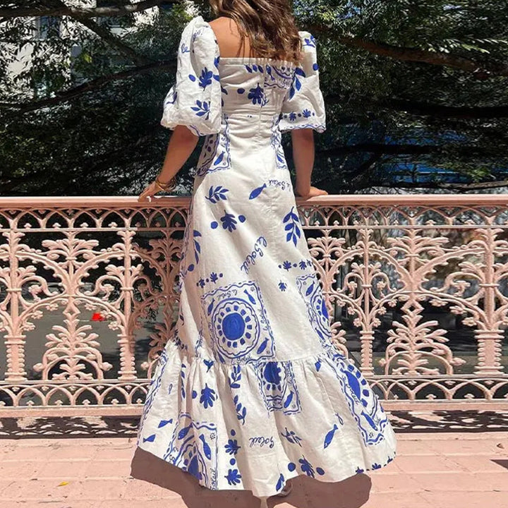 White Sqaure Neck Puff Sleeves Flared Dress