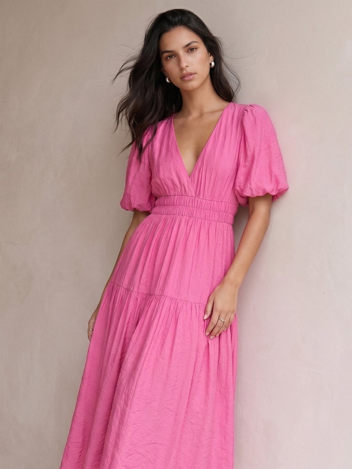 Pink Puff Sleeve Tiered Dress