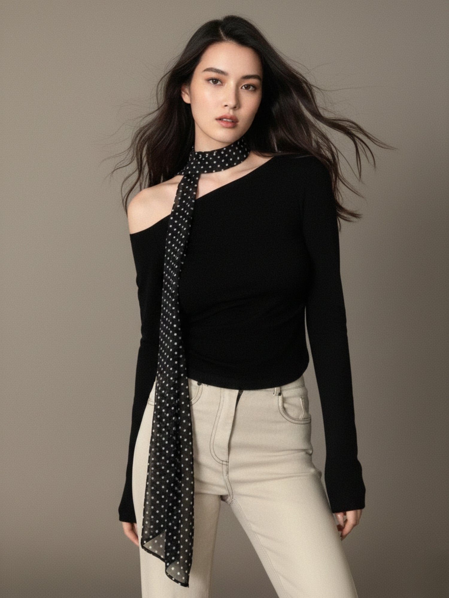 Black Neck Scarf Detail Off Shoulder Top