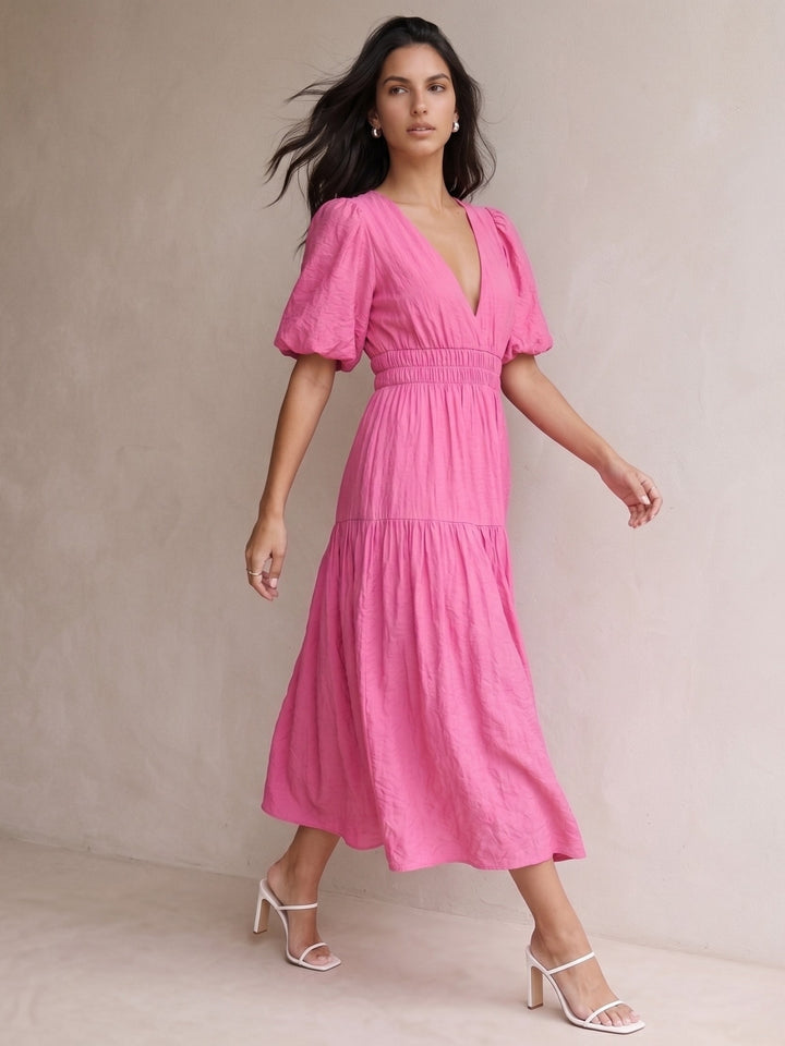 Pink Puff Sleeve Tiered Dress
