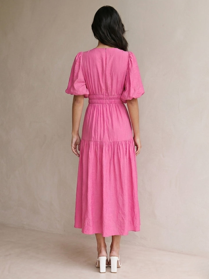 Pink Puff Sleeve Tiered Dress