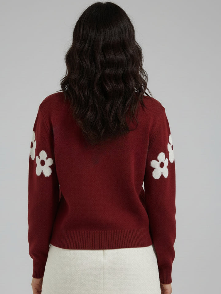 Burgundy Full Sleeve Round Neck Printed Sweater