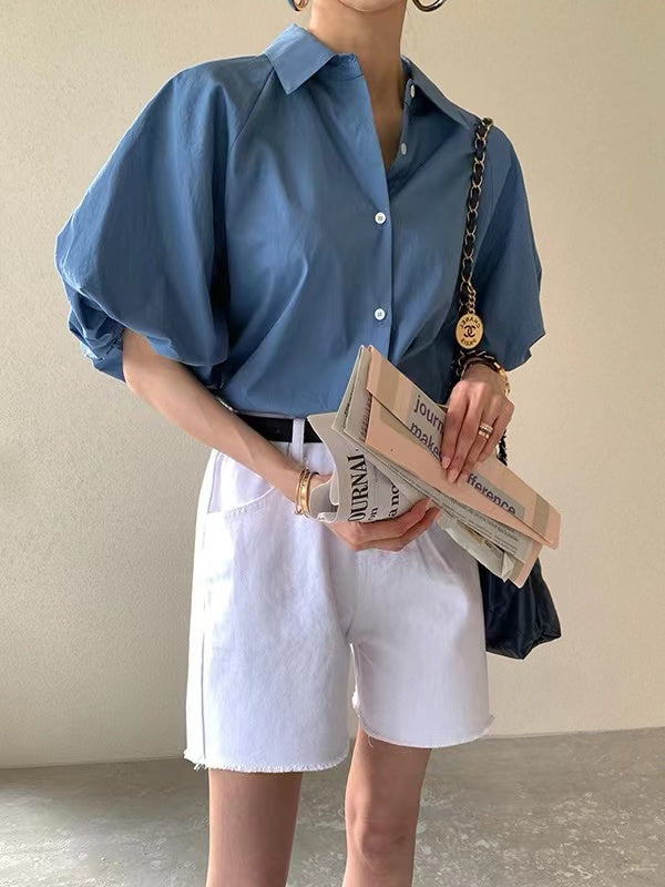Blue Bubble Sleeve Shirt