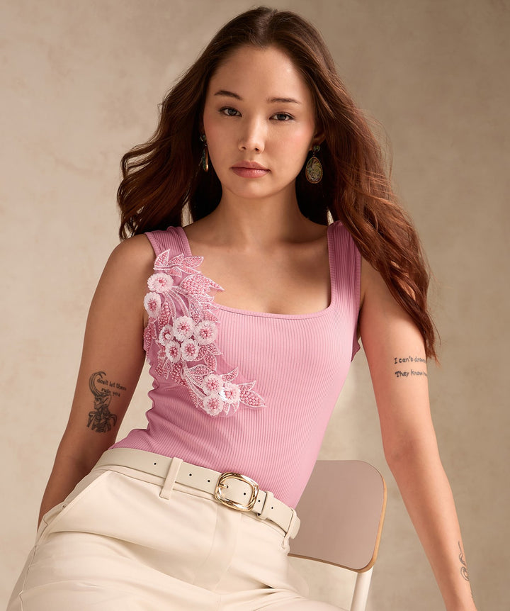 Pink Square Neck Tank Top With Rosette Detail