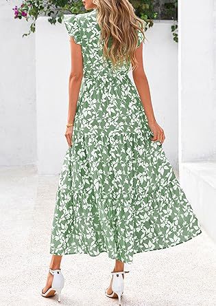 Green Printed Flutter Sleeved Midi Dress