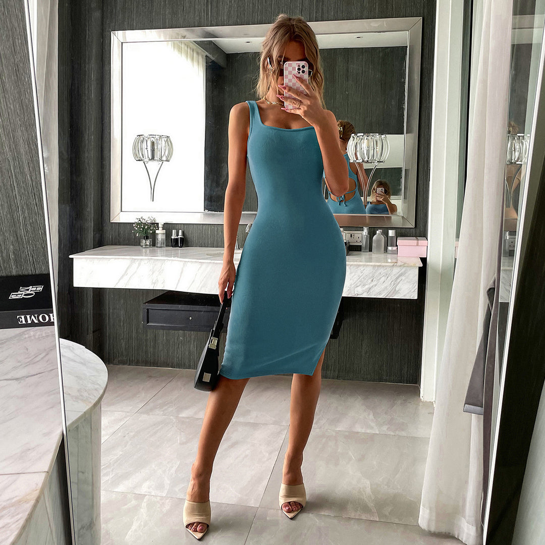 Blue Sleeveless Back Cut-Out Bodycon Dress