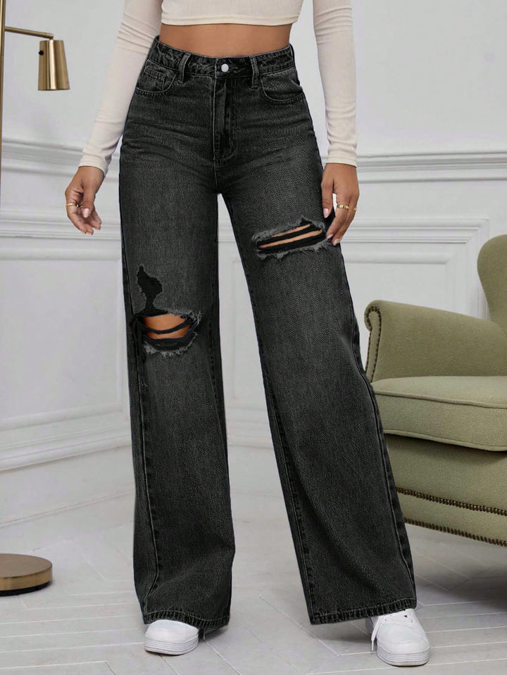 Black Knee And Thigh Distressed Baggy Jeans