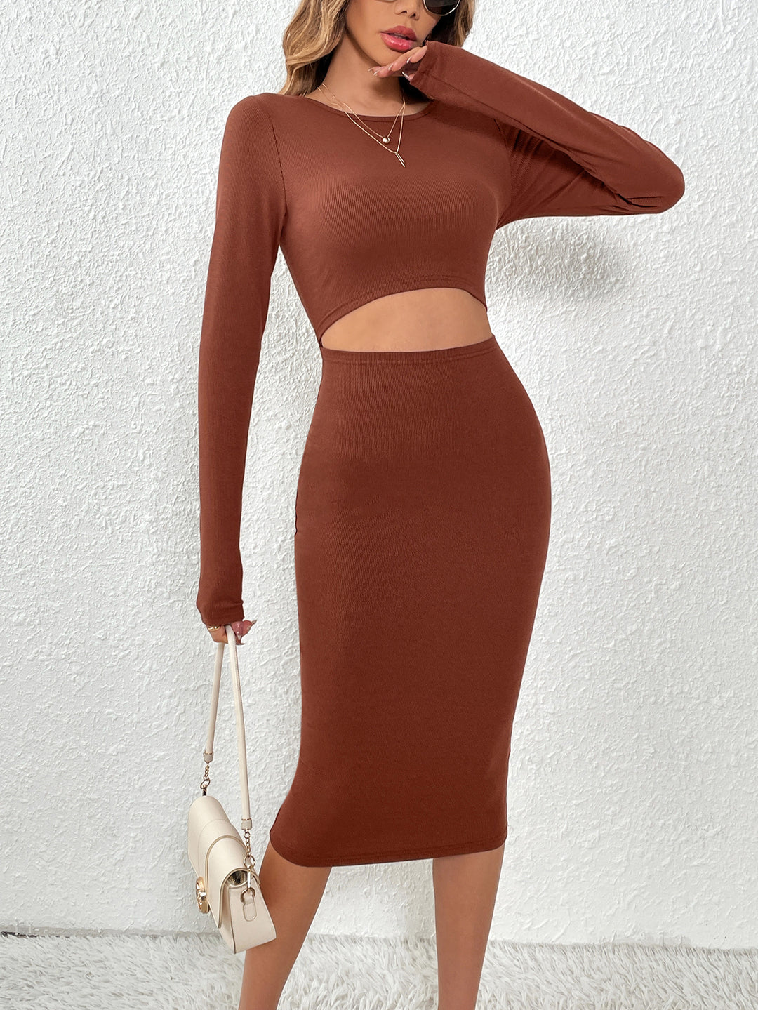 Brown Cut Out Fitted Dress