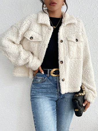 White Full Sleeve Collared Fur Jacket