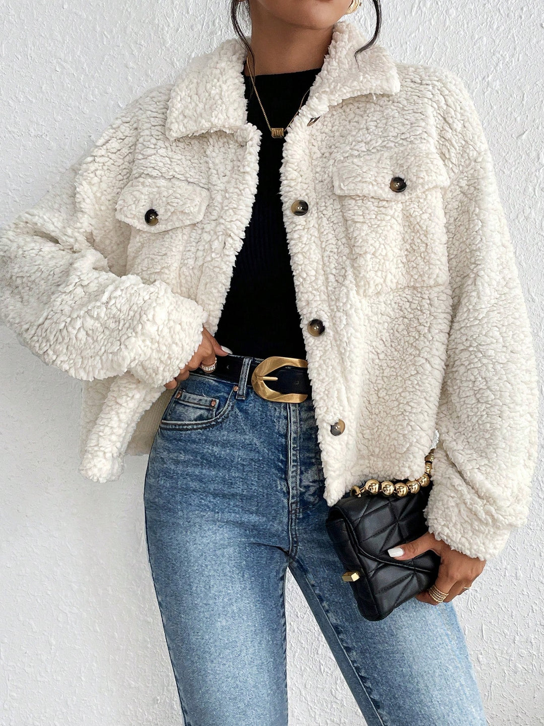 White Full Sleeve Collared Fur Jacket