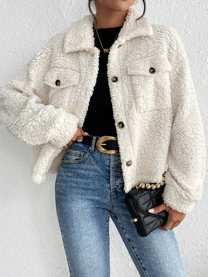 White Full Sleeve Collared Fur Jacket