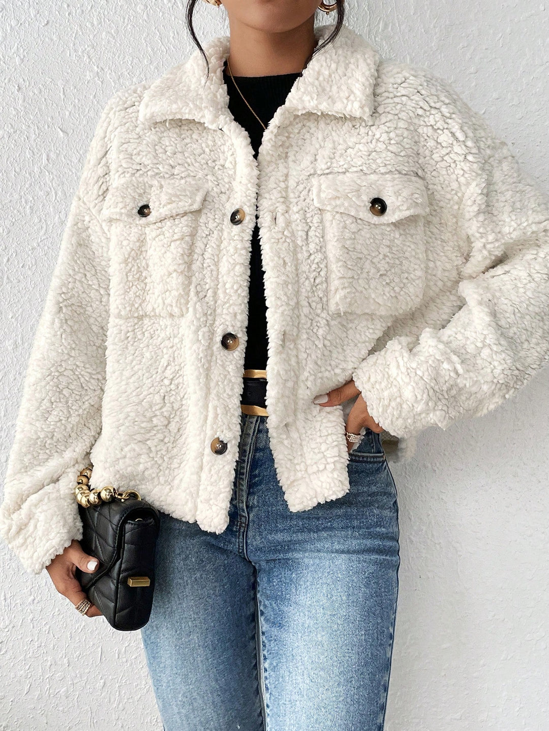 White Full Sleeve Collared Fur Jacket