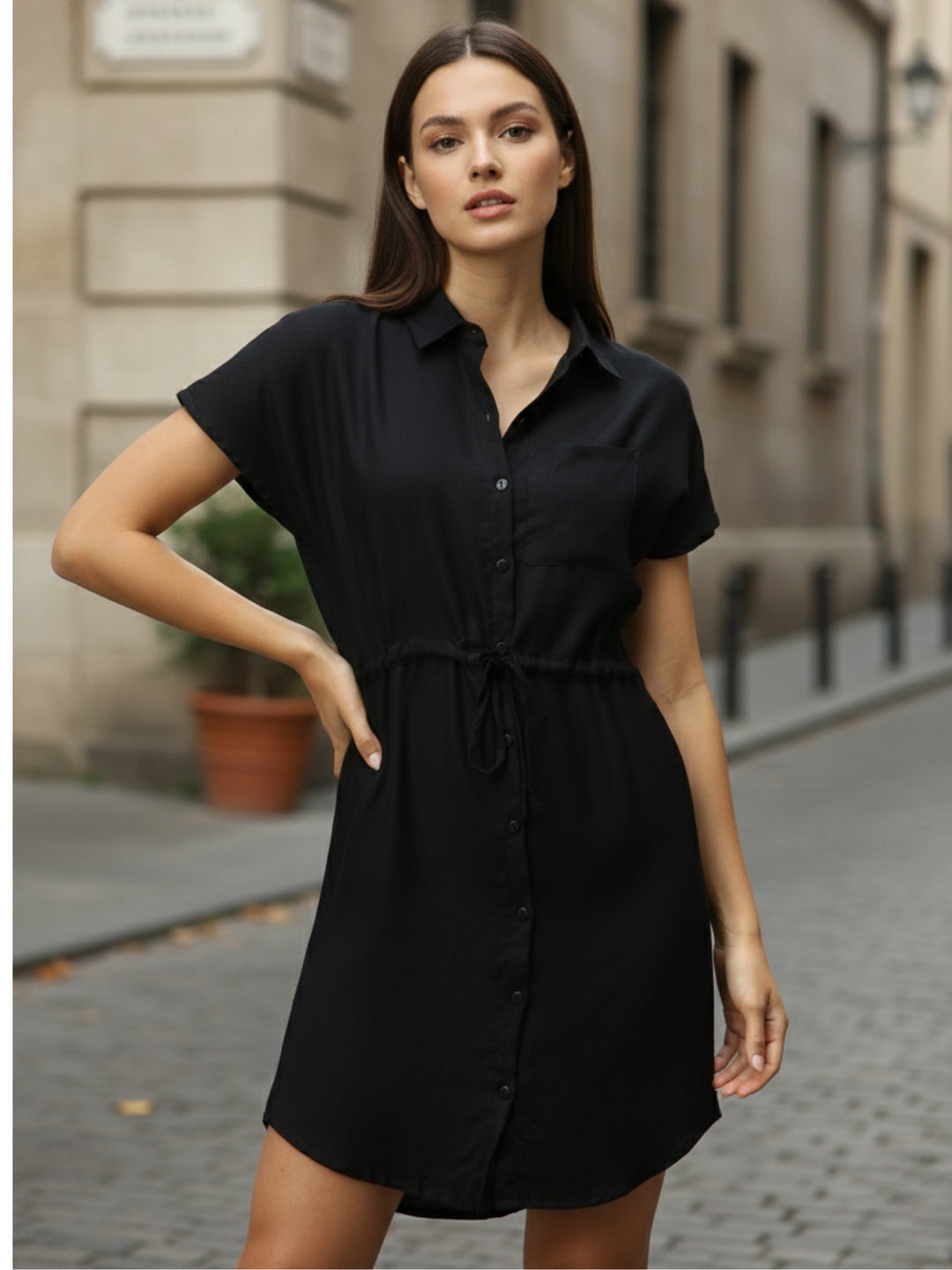 Black Shirt Dress With Elasticated Waist