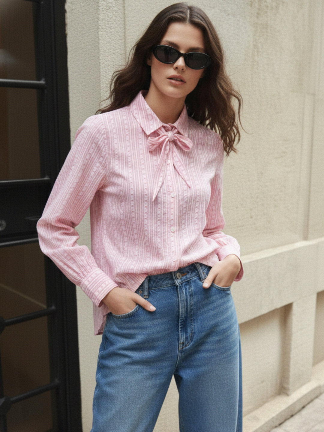 Pink Heart Dobby Tie Neck Shirt