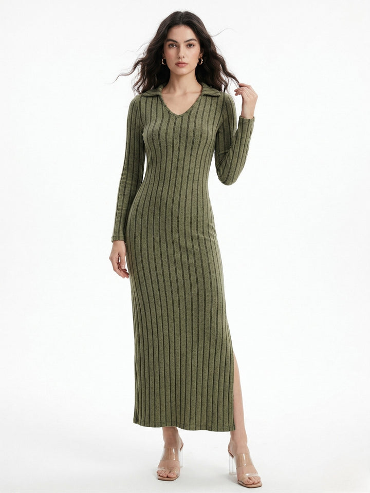 Olive Collared Wide Spaced Rib Dress