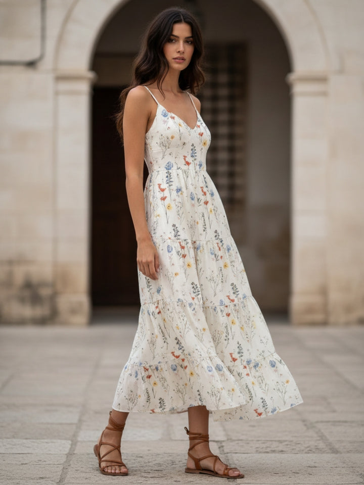 Cream Shoulder Strap Back Bow Tiered Dress