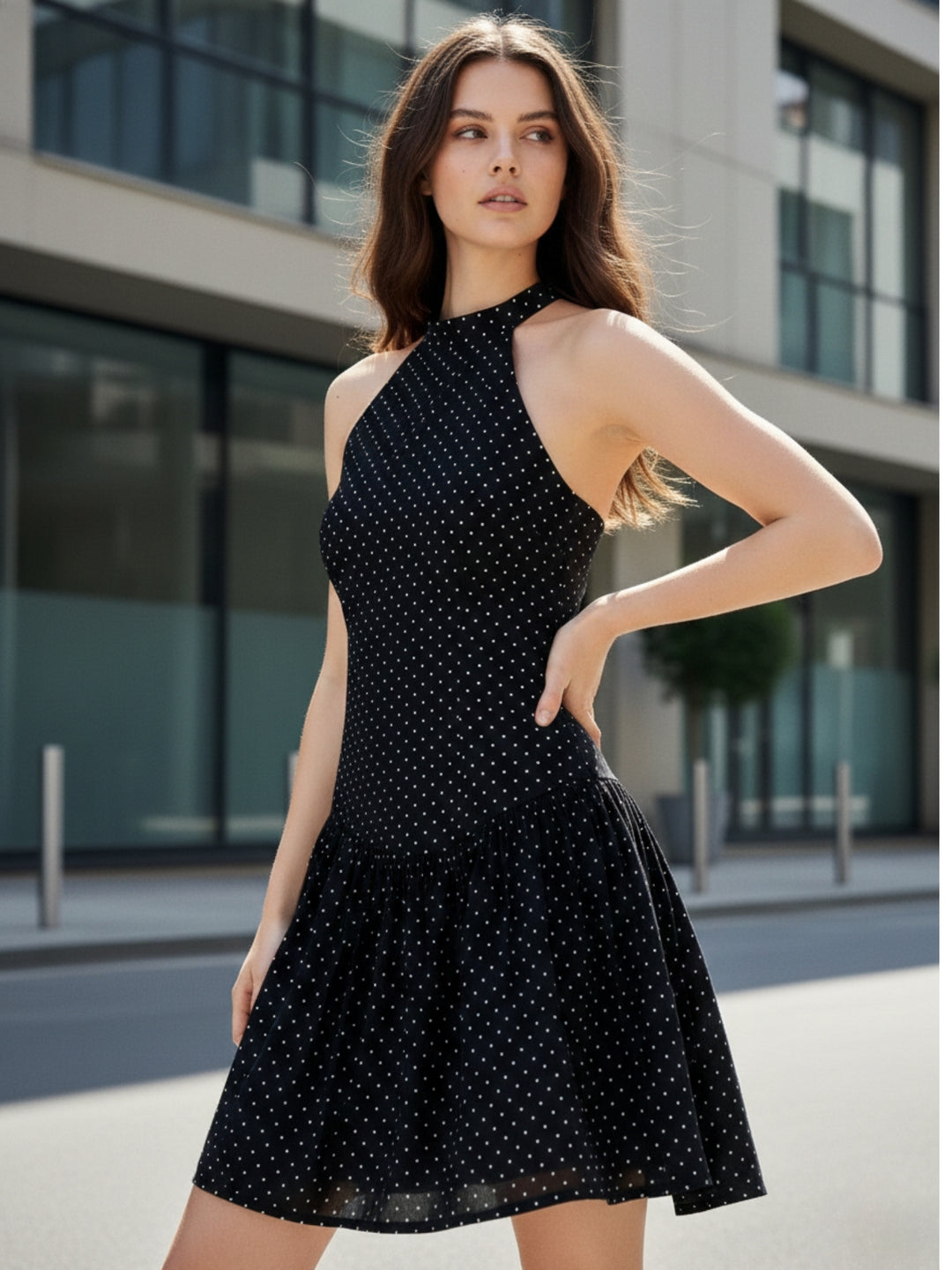 Black Polka-Dot Ruffled Mini Dress