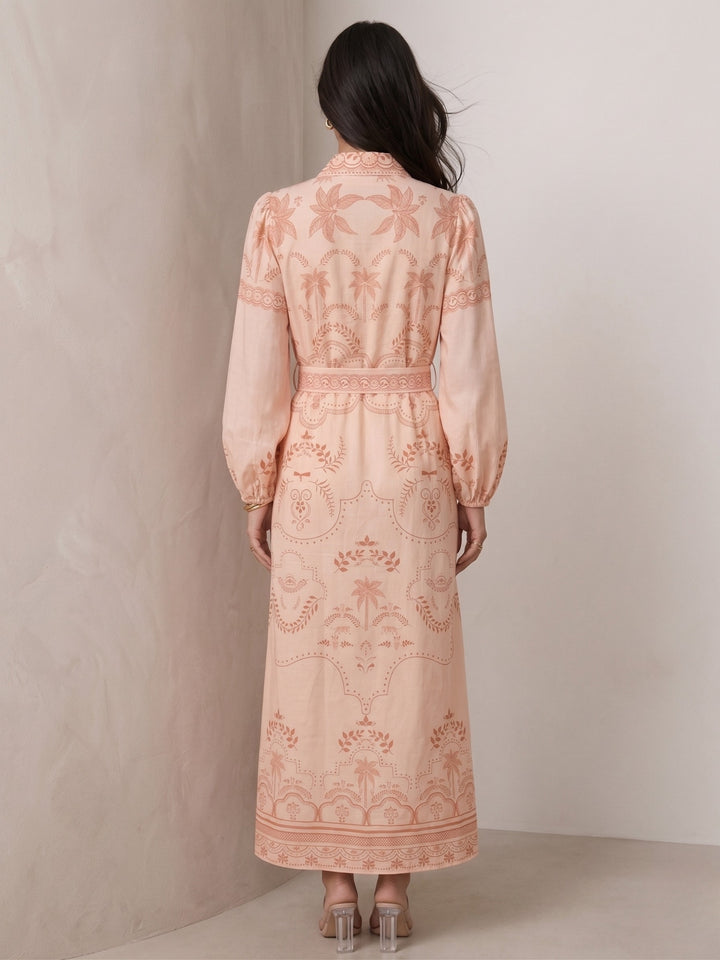 Peach Bishop Sleeve Printed Dress