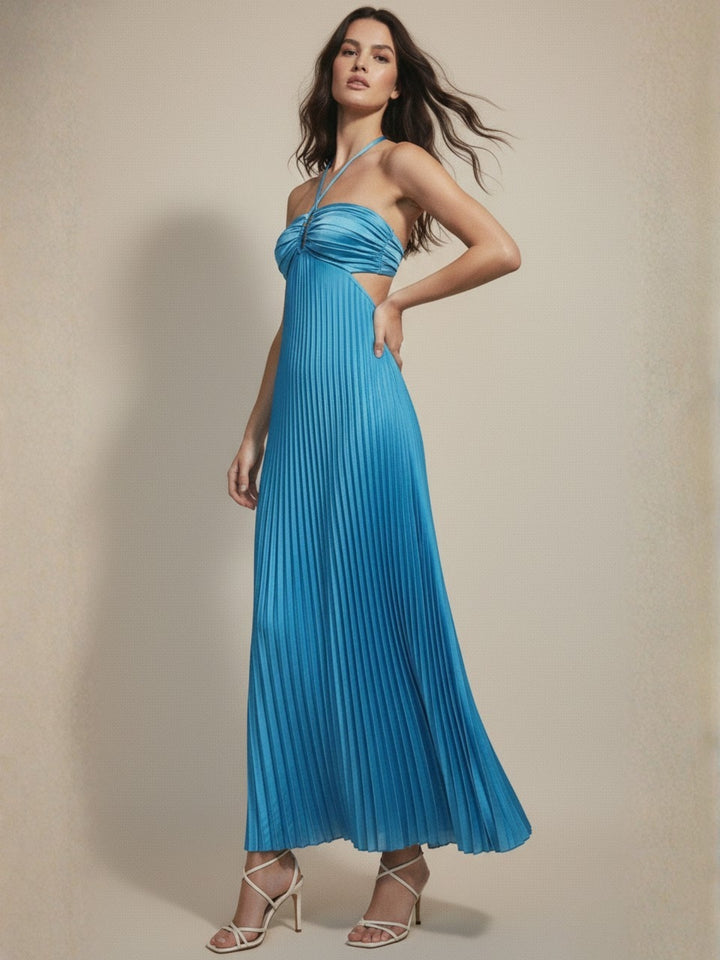 Blue Cross Halter Neck Pleated Dress