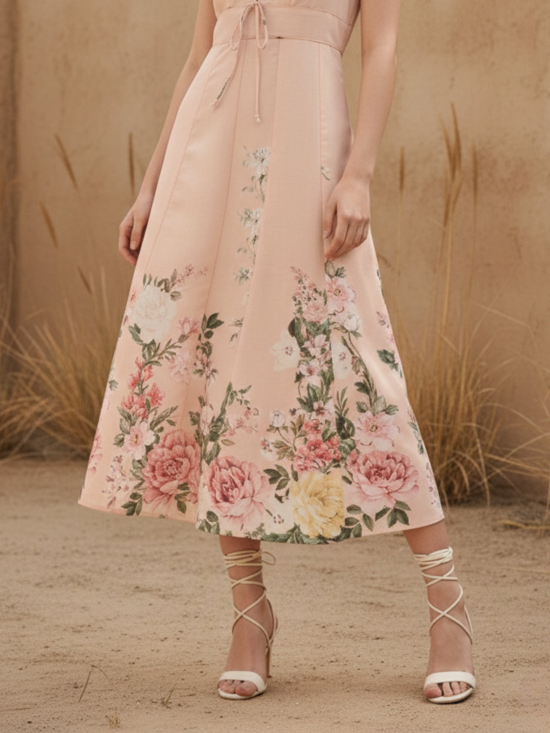 Pink Midi Printed Dress With Bow Tieup Detail