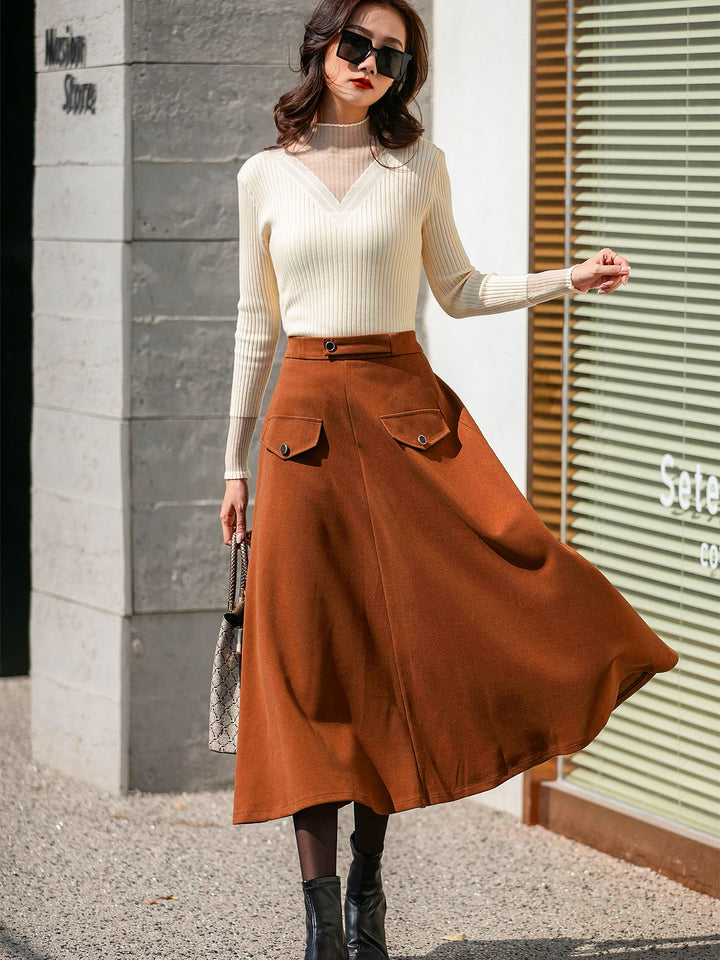 Brown Flared Skirt With Cargo Pockets
