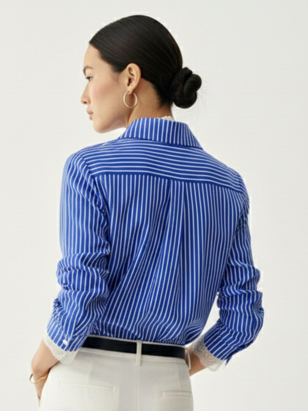 Blue Striped Shirt With Lace Inserts At Neck And Sleeves