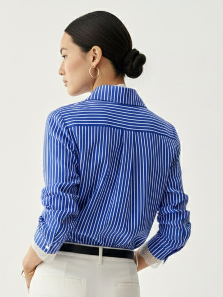 Blue Striped Shirt With Lace Inserts At Neck And Sleeves