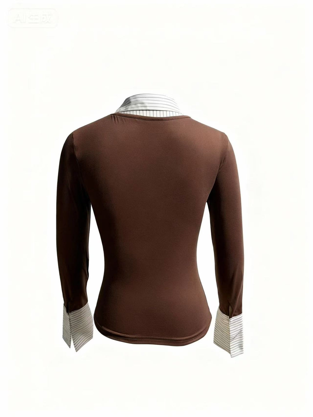 Brown Full Sleeve Contrast Collar Fitted Top