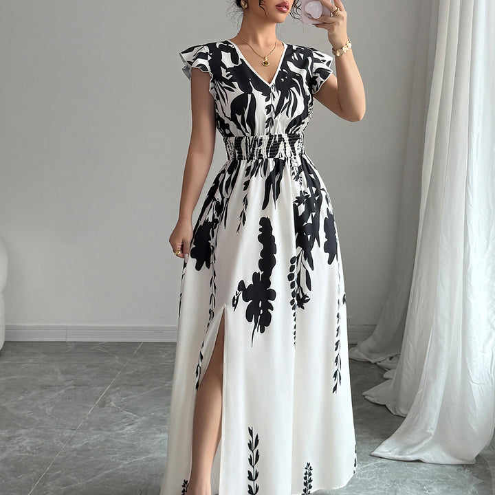 White V-Neck Ruffles Sleeved Maxi Dress