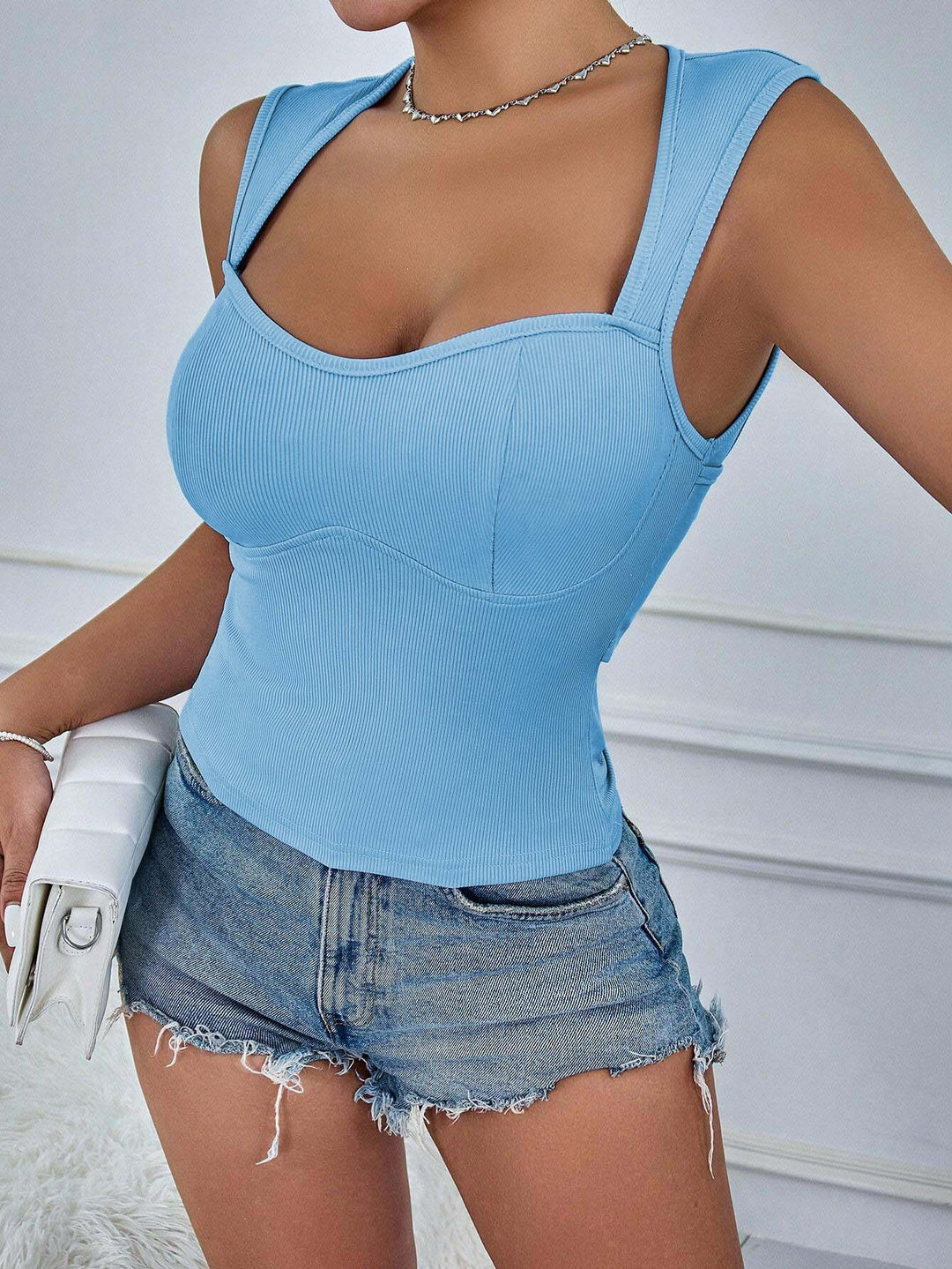 Blue Sweetheart Neck Fitted Top