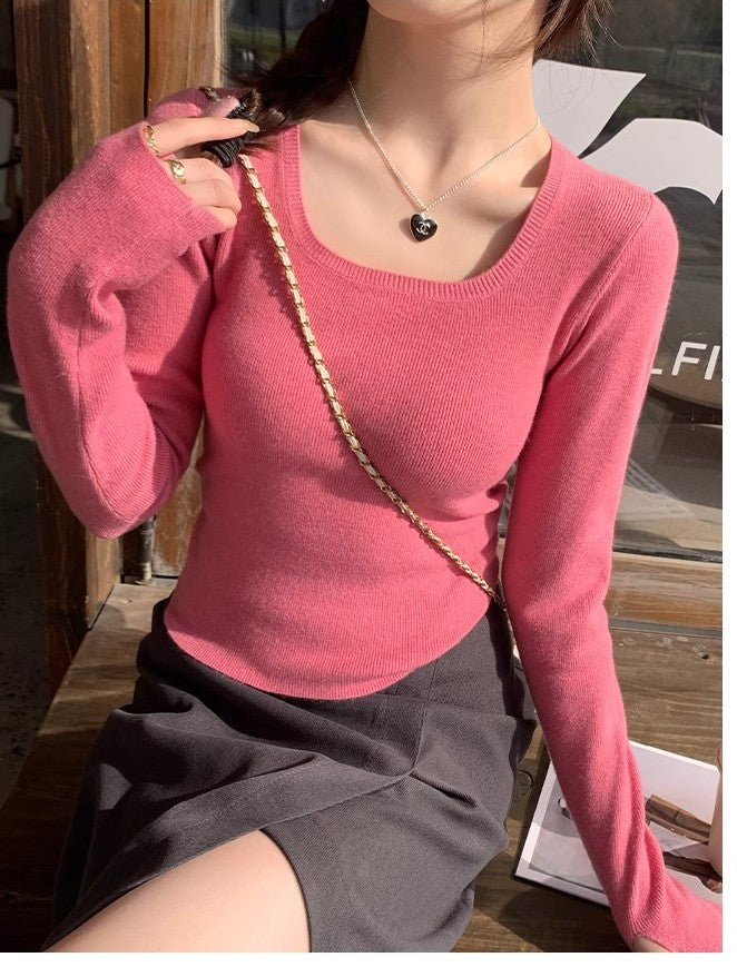 Pink Full Sleeve Round U Neck Fitted Top