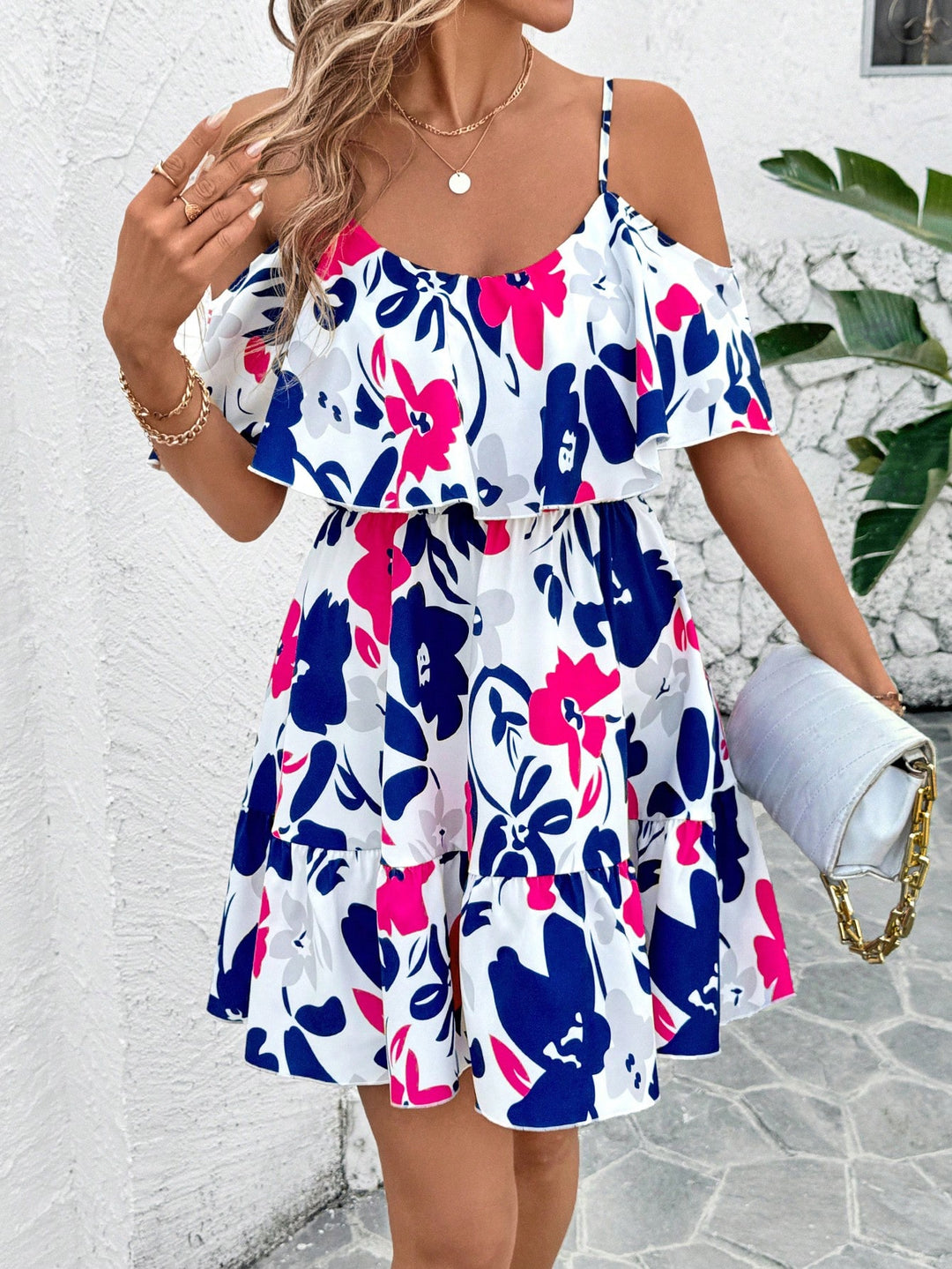 Multi Printed Cold Shoulder Strappy Dress