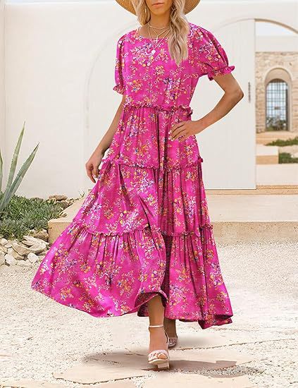 Pink Scoop Round Neck Printed Tiered Dress