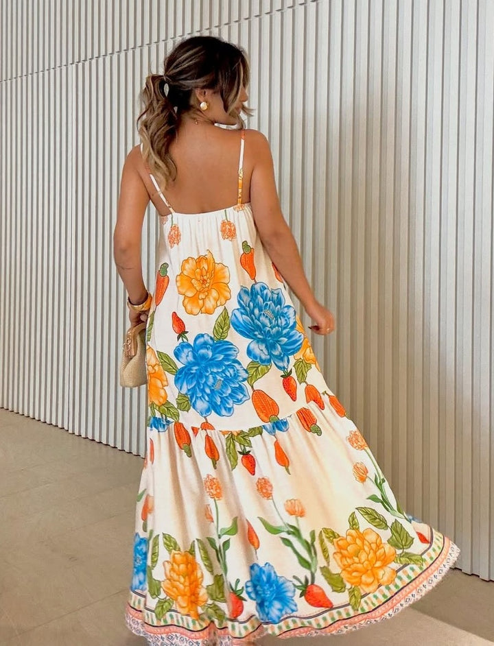White Spaghetti Strap Floral Printed Dress
