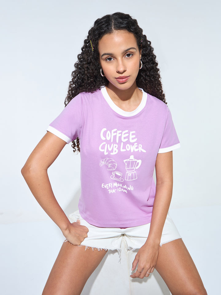 Lavender Graphic Printed Contrast Hem T-Shirt