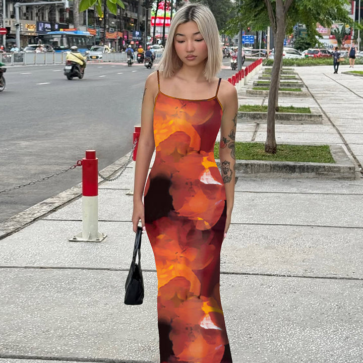 Red Spaghetti Strap Printed Bodycon Dress