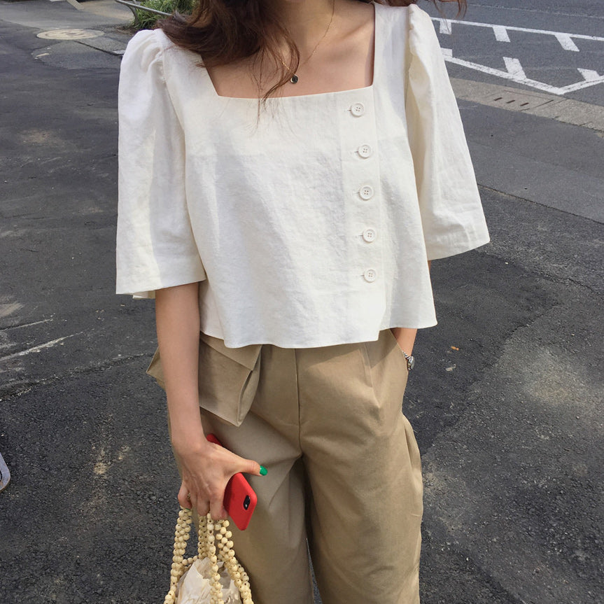 White Sqaure Neck Side Button Down Top