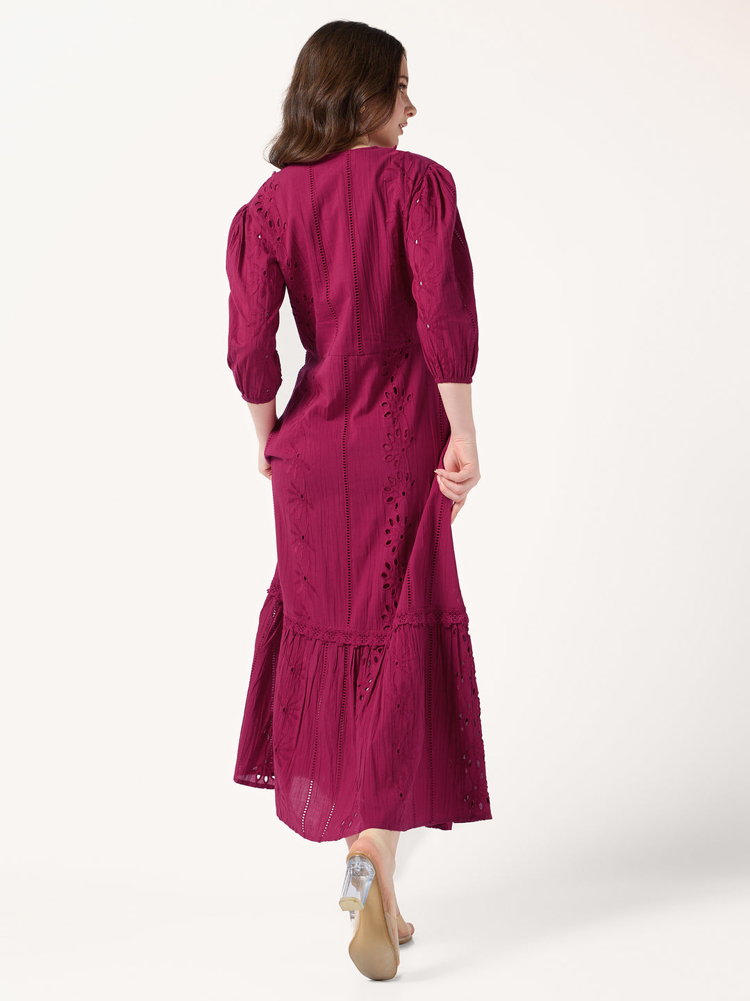 Fuchsia Pink V Neck Schiffli Dress