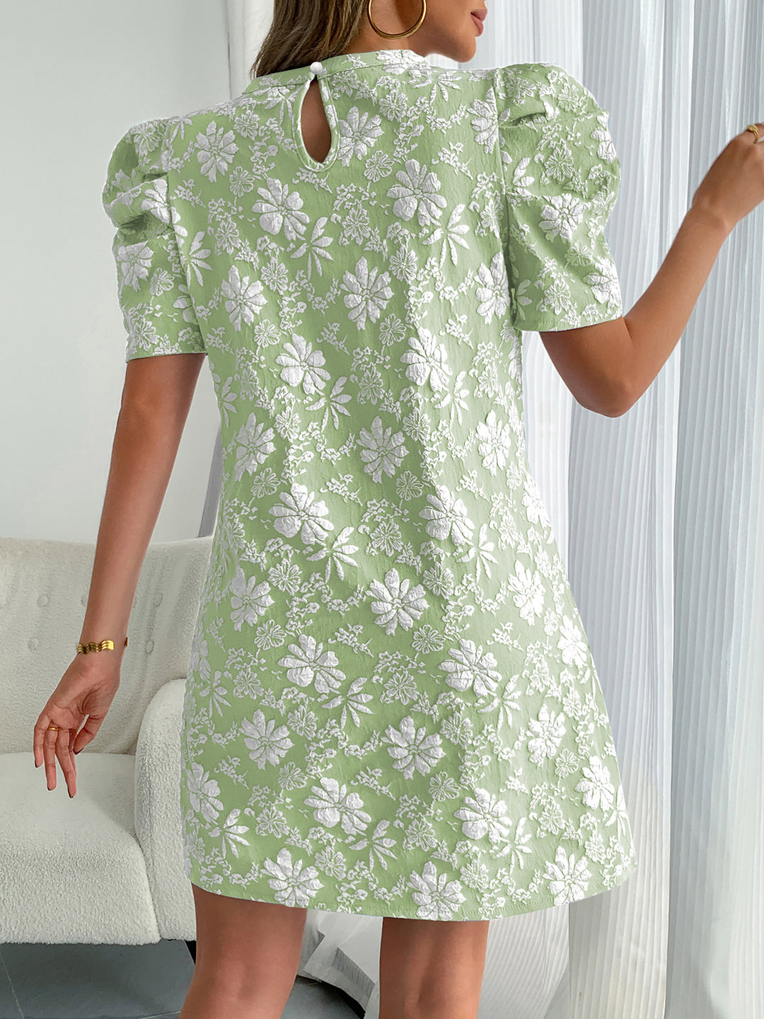 Green Puff Sleeve Crew Neck Dress