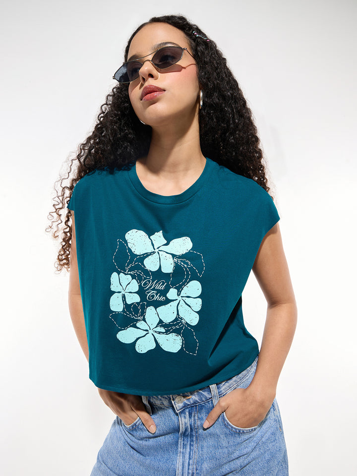 Teal Sleeveless Crop Boxy Printed Tees