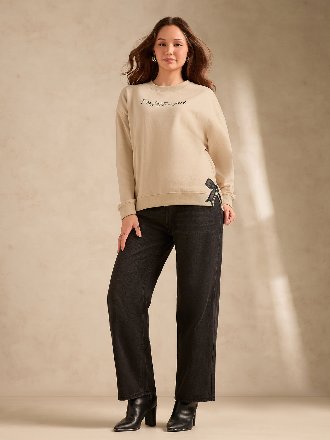 Beige Typographic Bow Sweatshirt